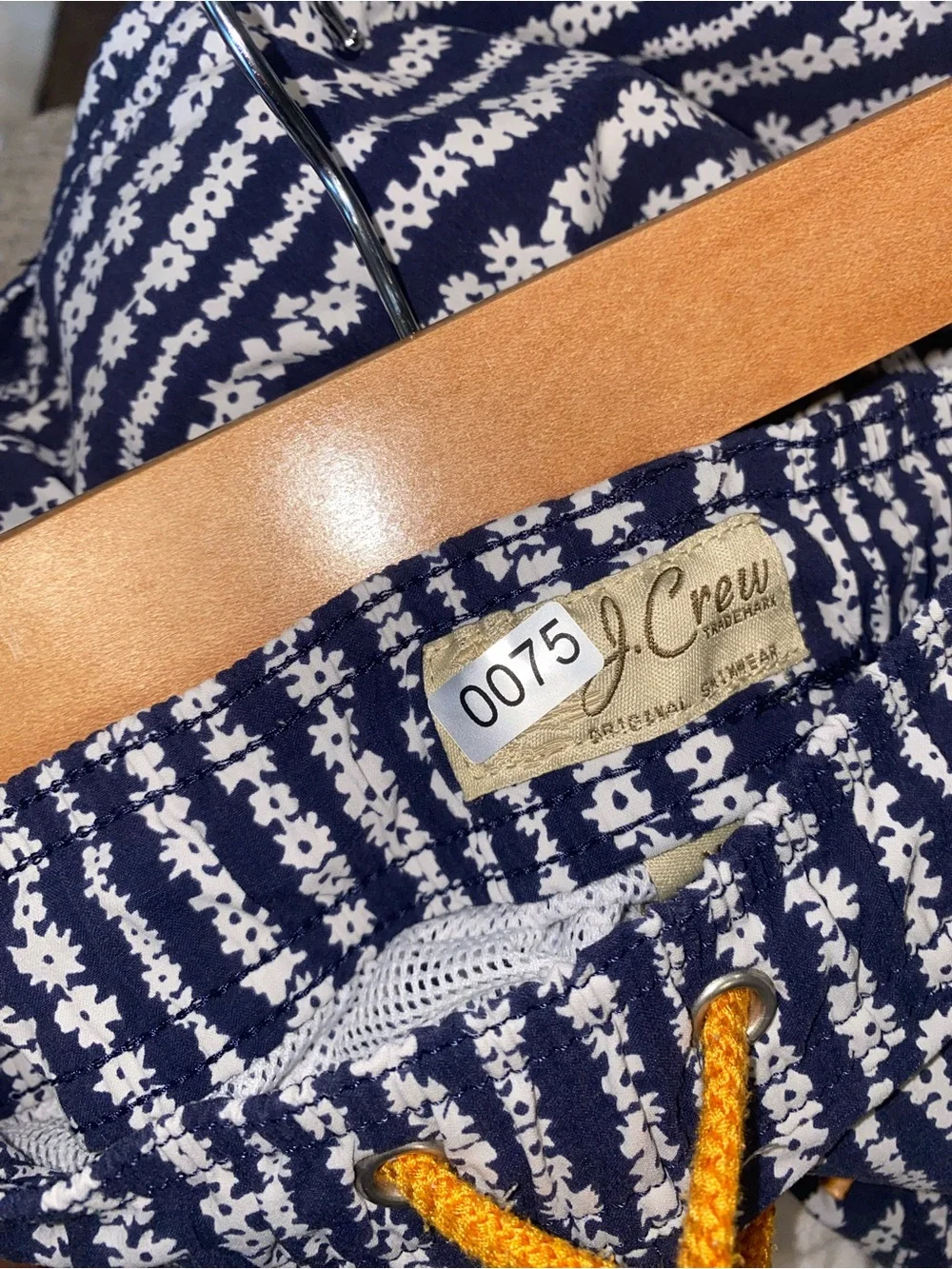 SWIM J. Crew Navy and White Floral Stripe Swim Trunks with Yellow Drawstring M